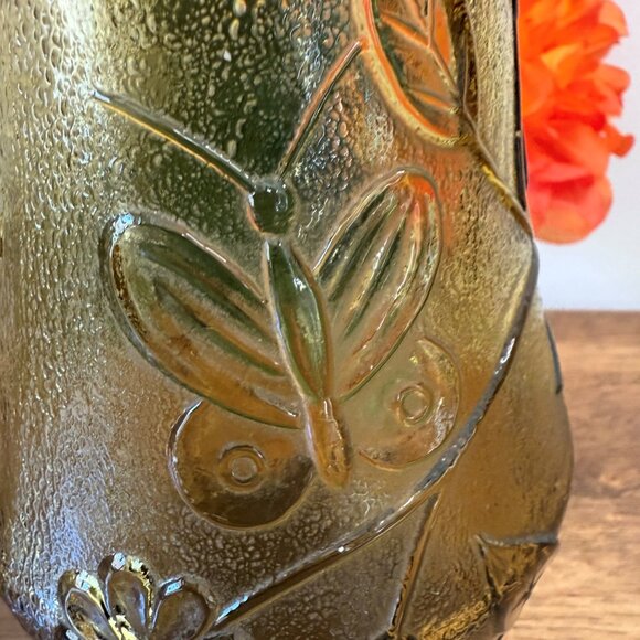 Vintage Amber Pressed Glass Vase – Bird Butterfly Floral Design 1970s Textured - Picture 3 of 6